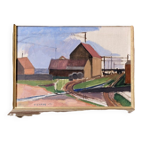 Peinture à l’huile de paysage vintage suédoise moderne du milieu du siècle « Suburban Serenade », encadrée, 1951