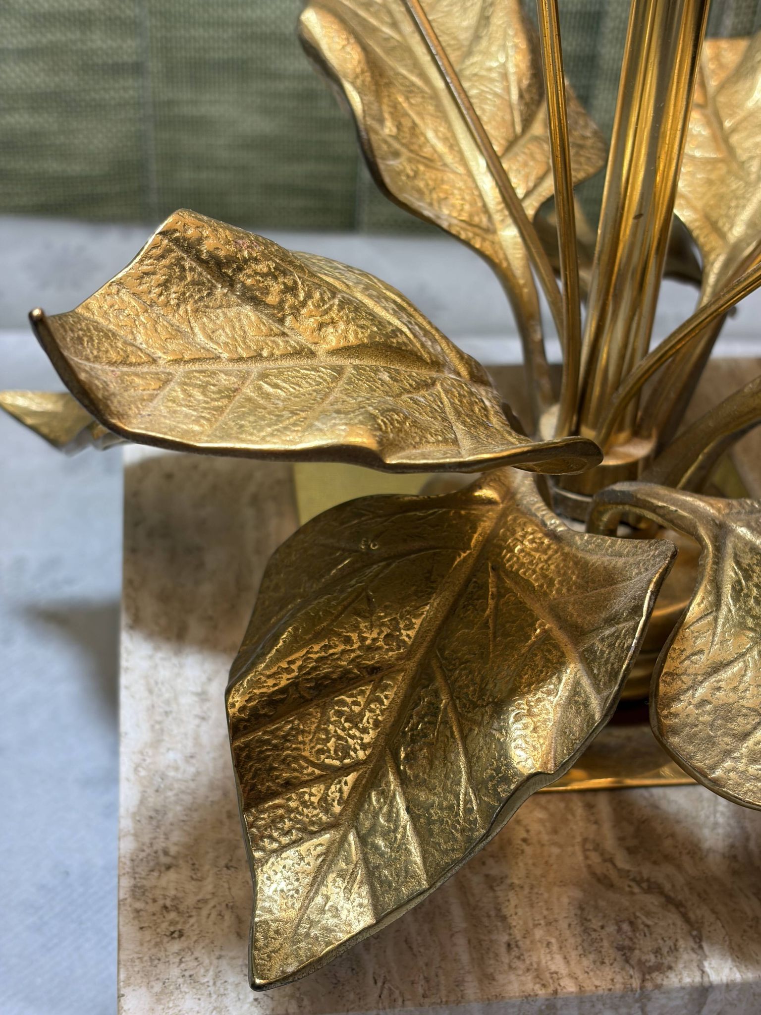 Bronze and travertine water lily lamp attributed to Maison Charles, circa 1970.