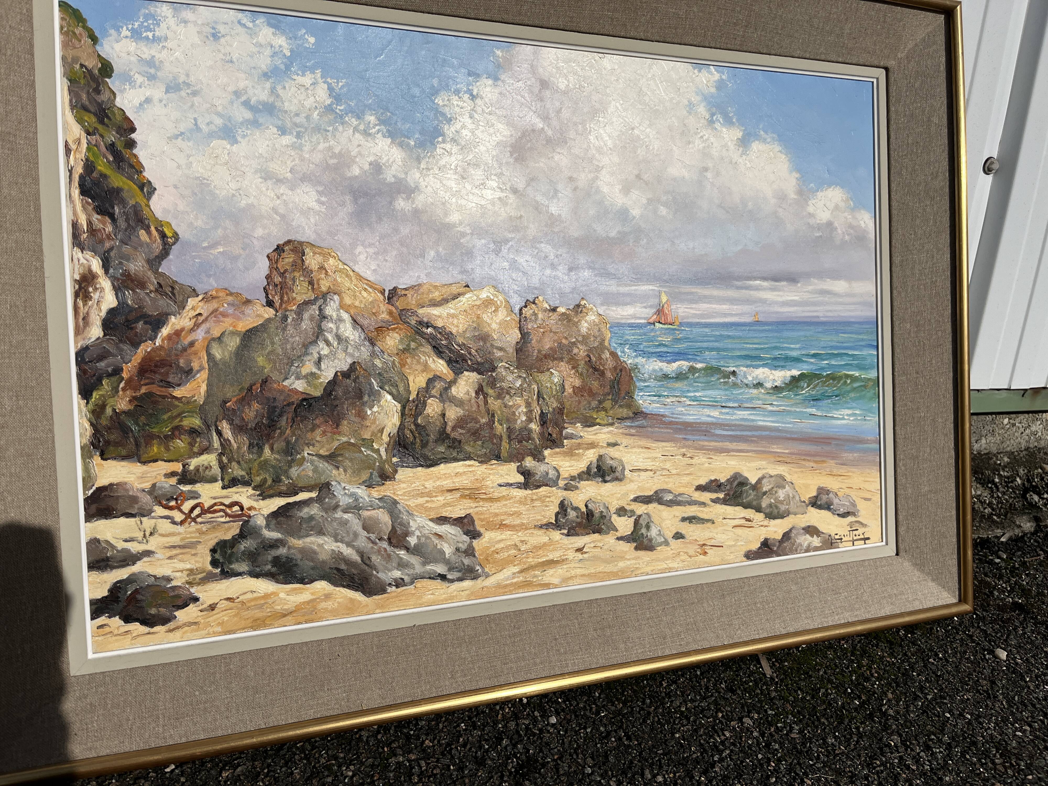 Large painting 109 × 78 cm – Seaside scene signed Marc Chailloux (1902-1971)