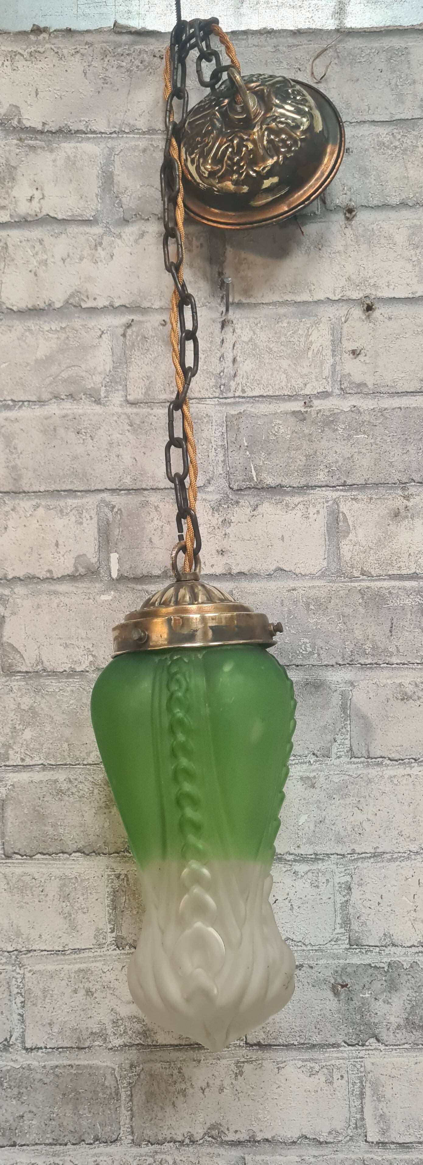 Art Nouveau lantern pendant light cast glass brass electric fixing ok h 60x