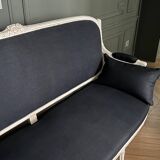 Louis XVI style bench with patina in navy fabric, 19th century