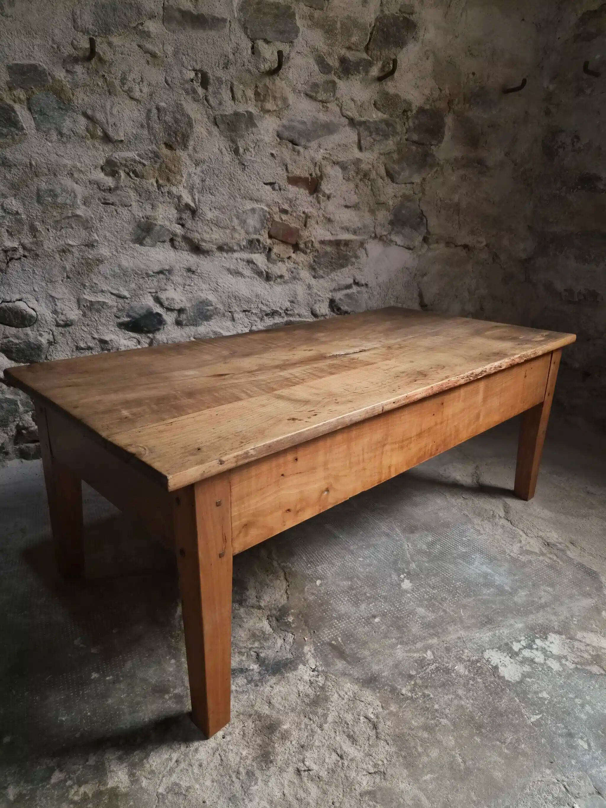 Antique French coffee table, 18th-century cherry farmhouse table with a drawer.