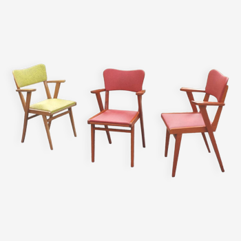 Set de 3 fauteuils vintage en hêtre et skaï rouge et jaune des années 50