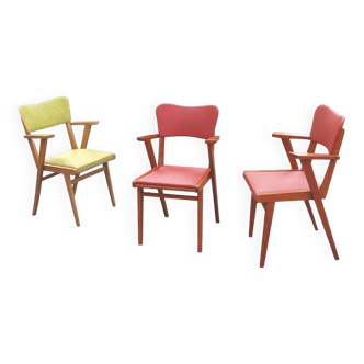 Set of 3 vintage armchairs in beech and red and yellow skai from the 50s