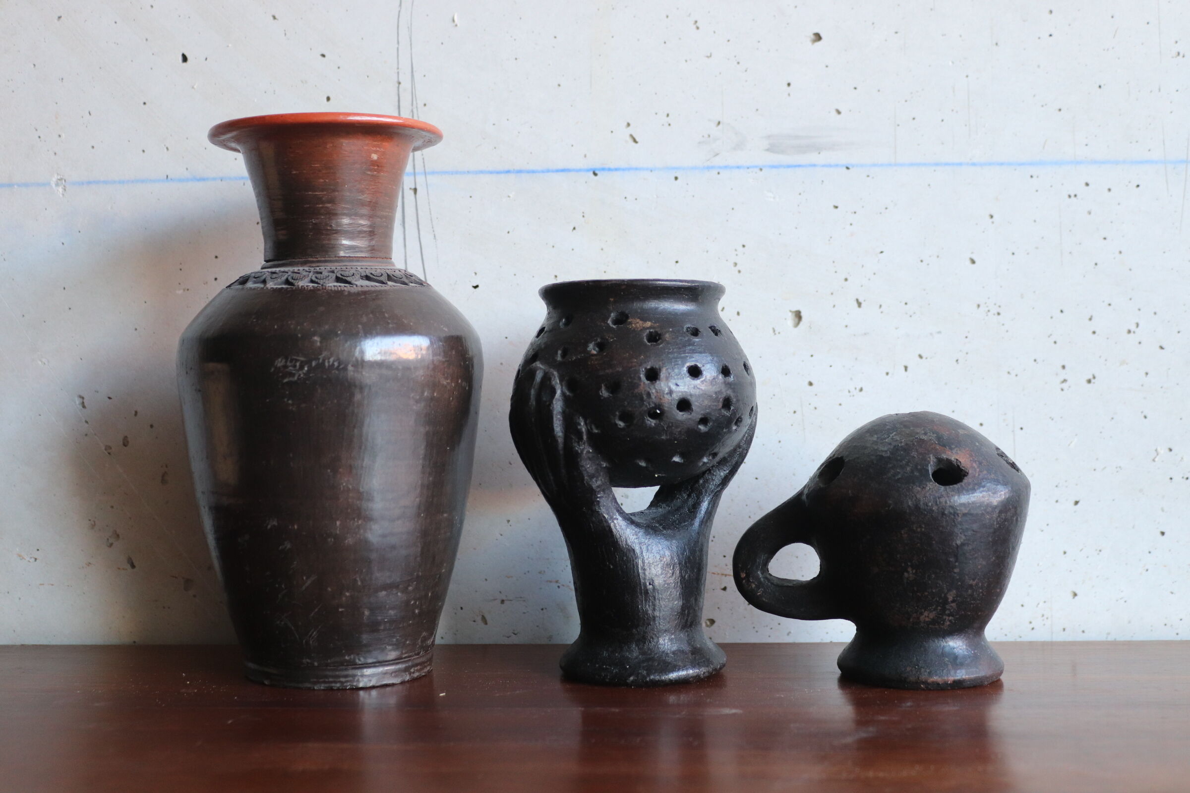 Set of 3 vintage brown and black pottery