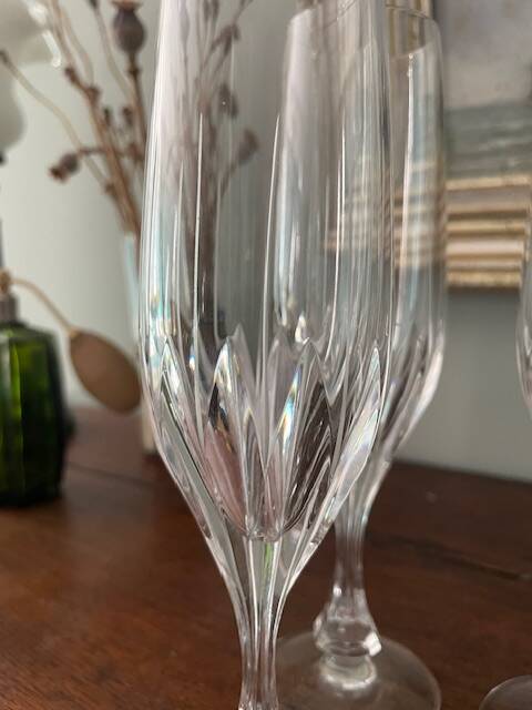 6 antique cut and engraved crystal champagne flutes
