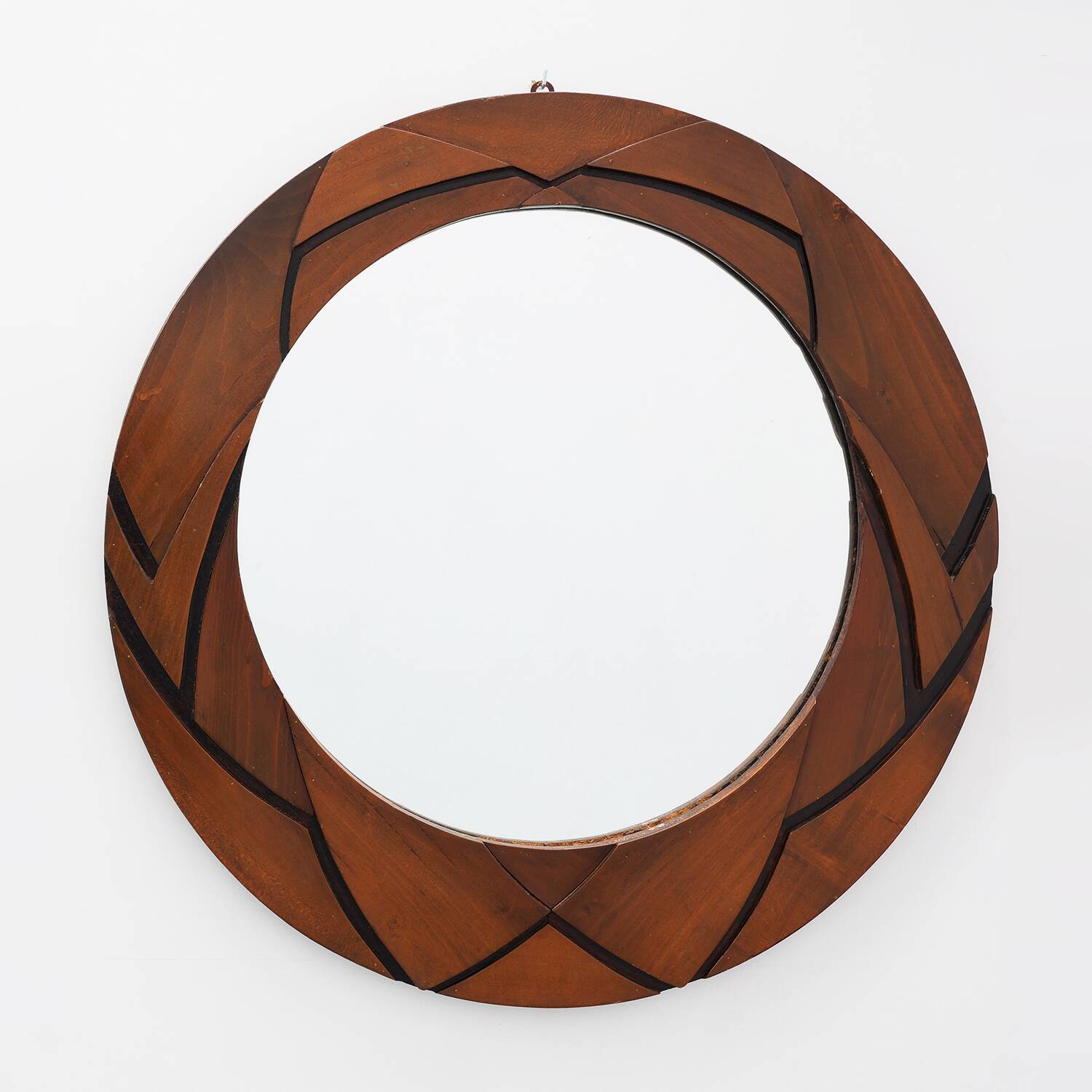 Belgian Art Deco Round Mirror with Geometric Wooden Frame, circa 1920