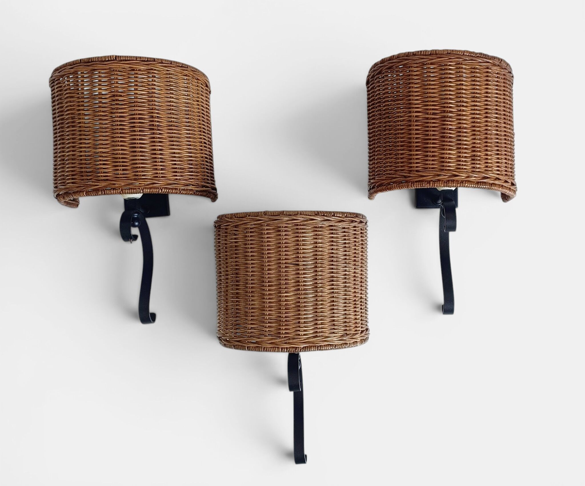 Spanish Mid-Century Wicker And Wrought Iron Wall Sconces, Three Available