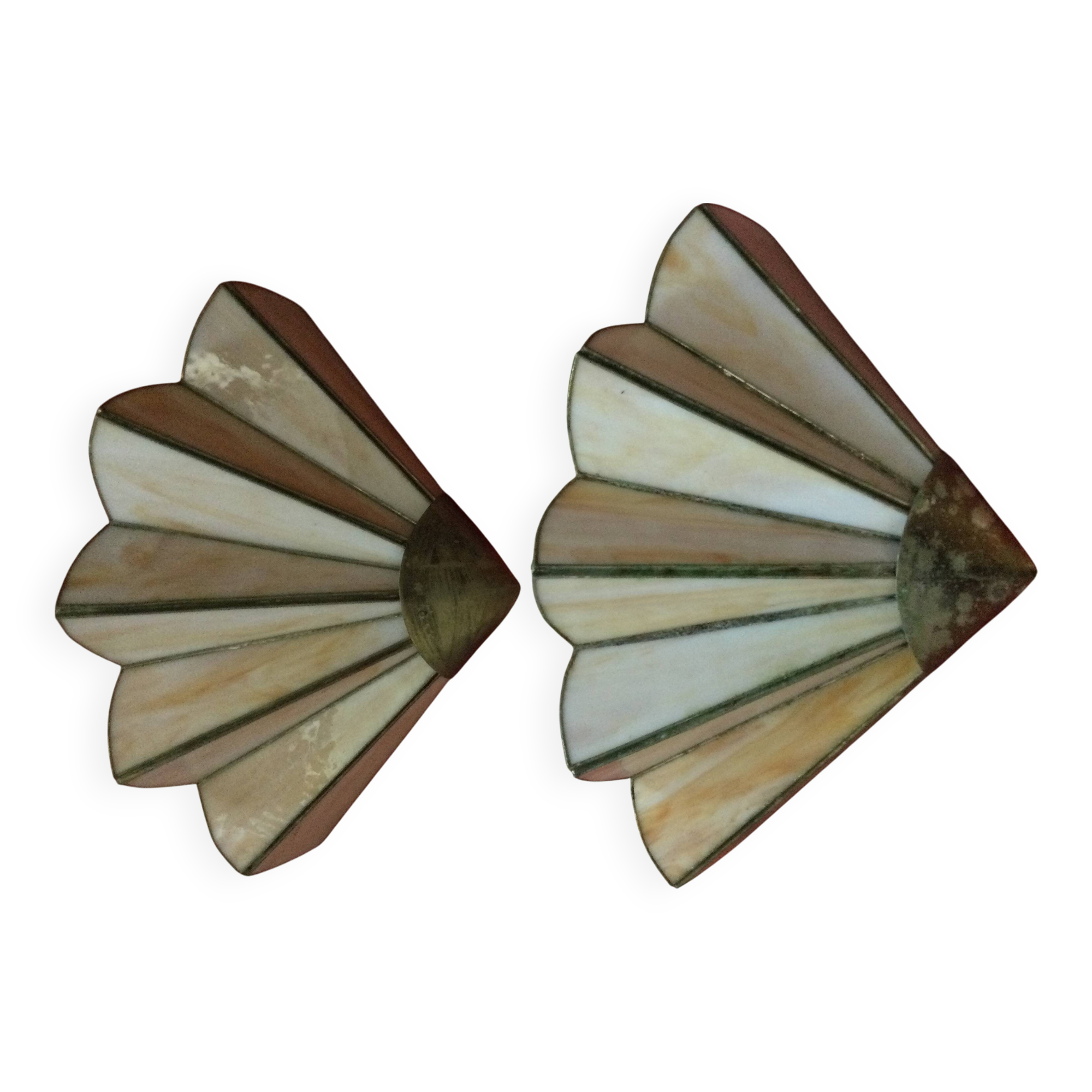 2 art deco fan-shaped wall lights in pearly glass paste and brass