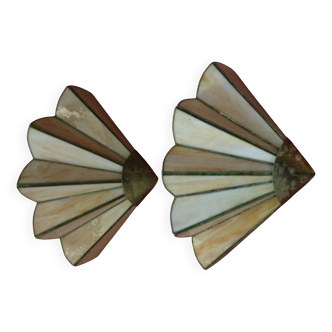 2 art deco fan-shaped wall lights in pearly glass paste and brass