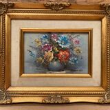 Pair of robert cox still life flowers oil painting canvas + golden wood frame