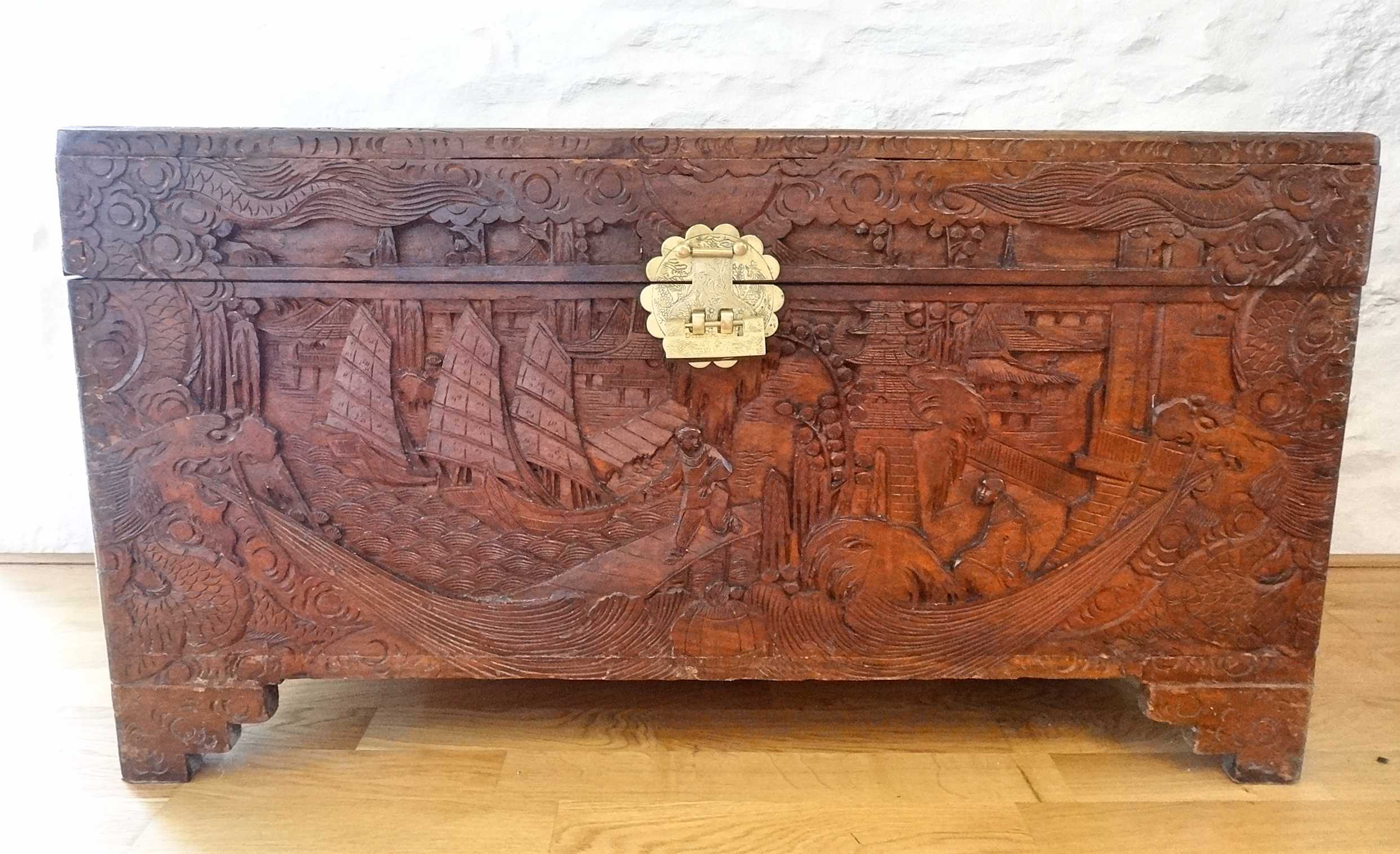 Chinese chest in solid camphor wood carved early 20th century