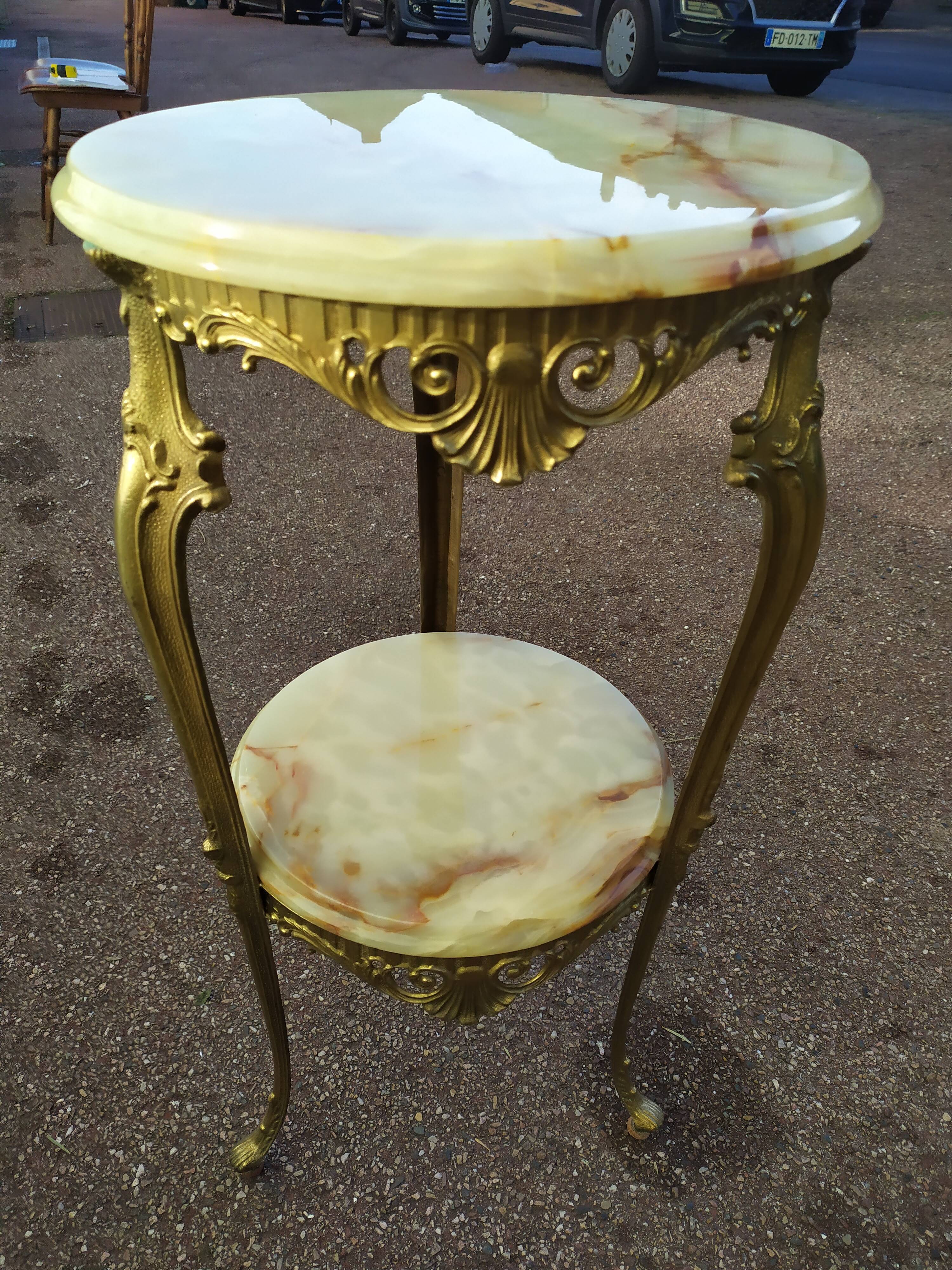 Marble and brass pedestal table