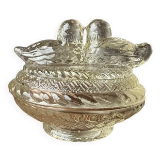 Glass butter dish with "birds" design