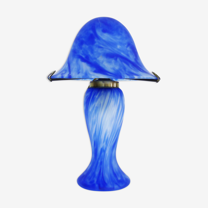 Lampe champignon bleue en pâte de verre style Gallé, La Rochère. Année 80 |  Selency
