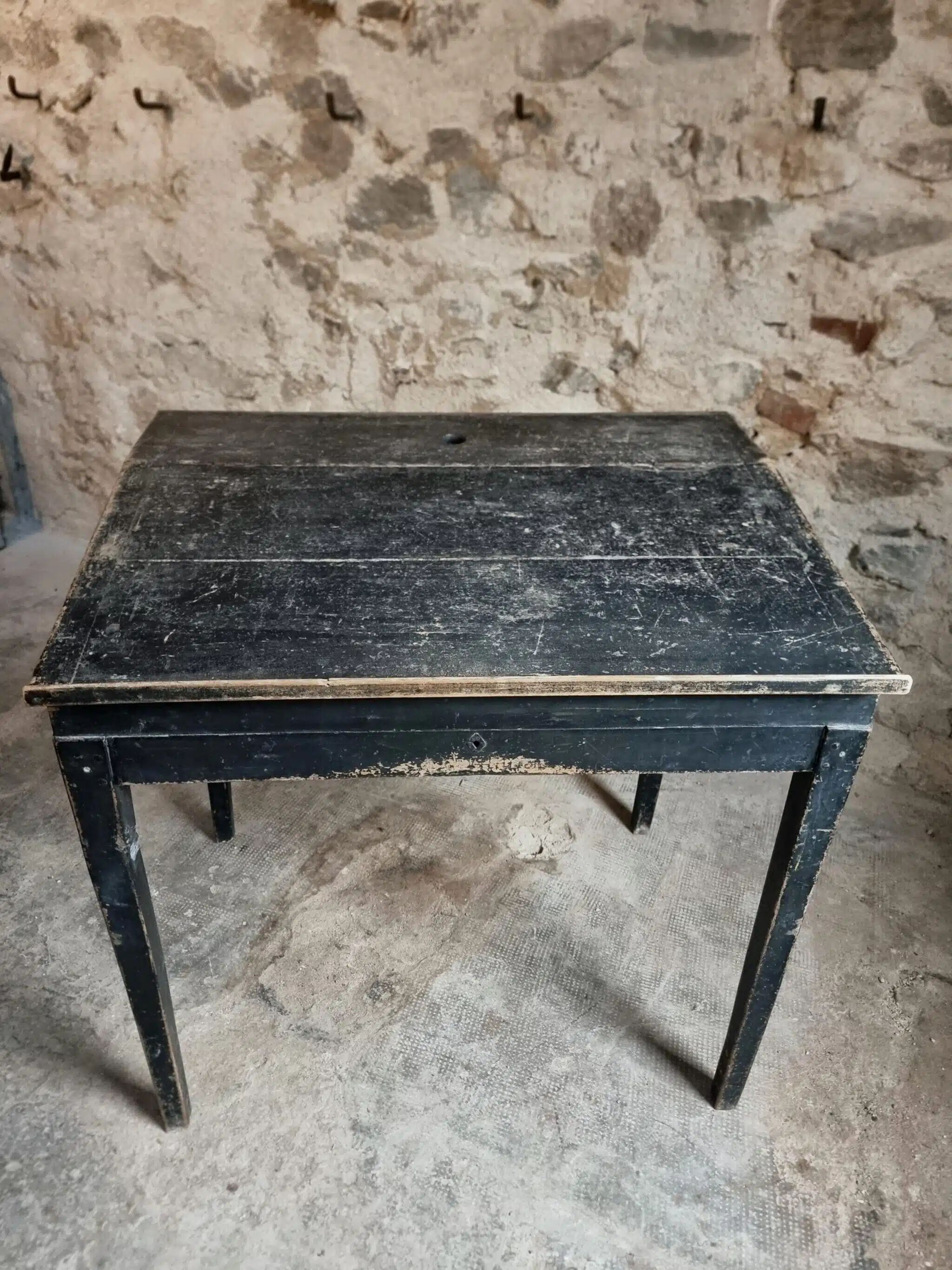 Bureau d'école français ancien, bureau d'écriture noir, bureau à abattant, vers 1900