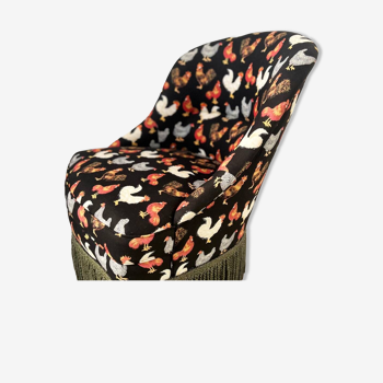 Fauteuil crapaud tapisserie coq poule, années 50