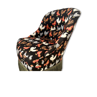 Fauteuil crapaud tapisserie coq poule, années 50