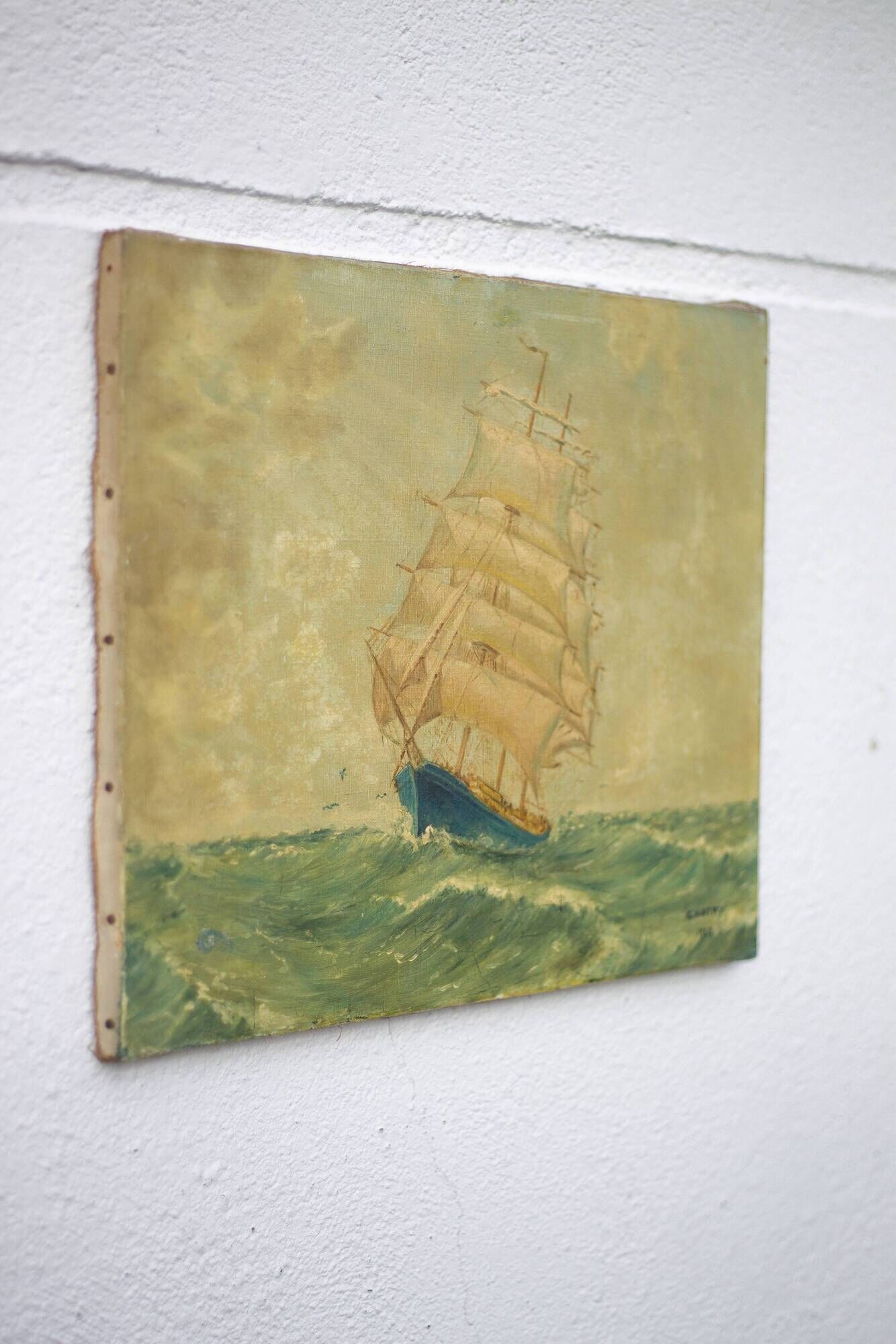 Signed marine painting, oil painting, ship at sea, wall decoration, 40's