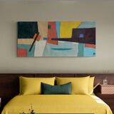 Contemporary painting, geometric composition, unsigned, 20th century, oil on canvas, 70x160cm, unframed