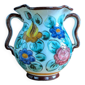 Handled vase with multicolored floral decoration, Cerart Monaco, numbered 12.5cm