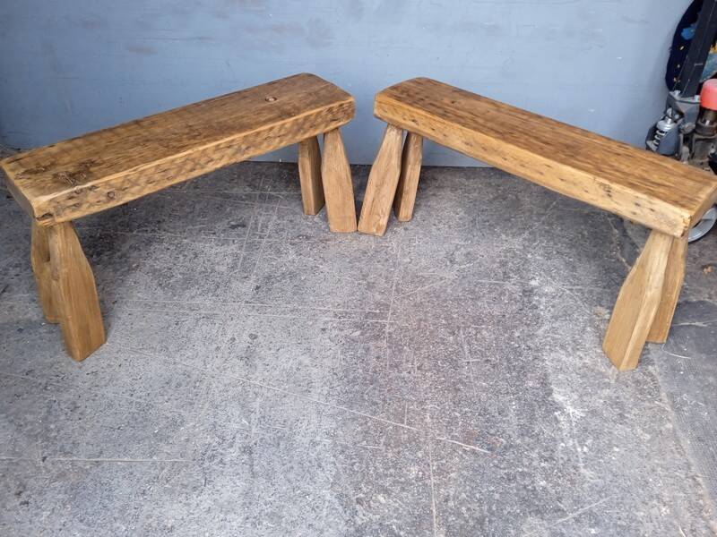 Pair of 2 patinated solid wood benches / stools
