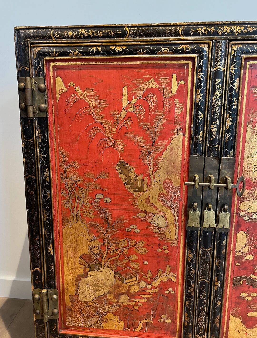 Lacquered Cabinet with Chinese Decorations, France, Art Deco, circa 1940