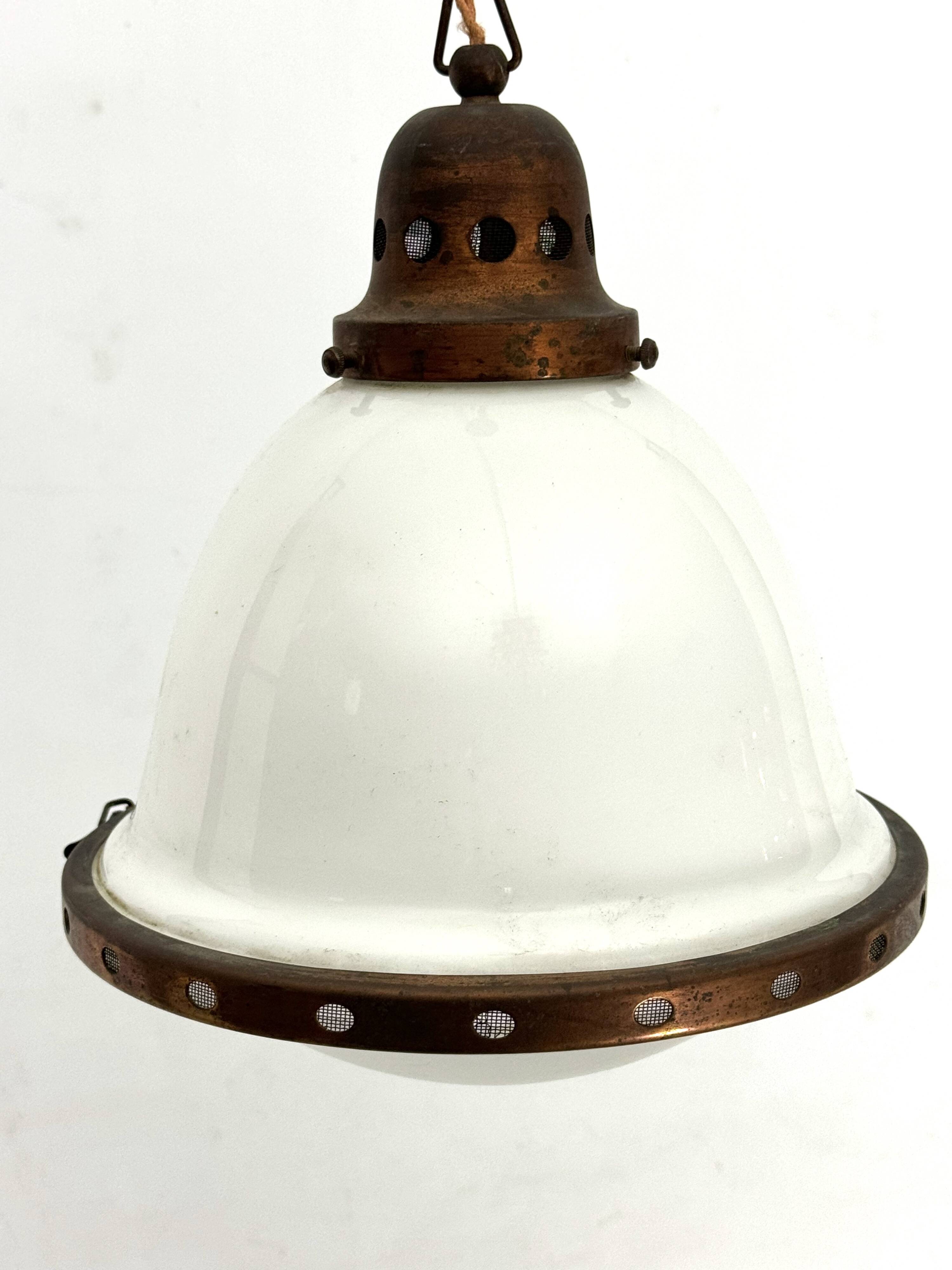 Vintage Industrial chandelier in copper and milk glass. Italy 1950s