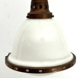 Vintage Industrial chandelier in copper and milk glass. Italy 1950s