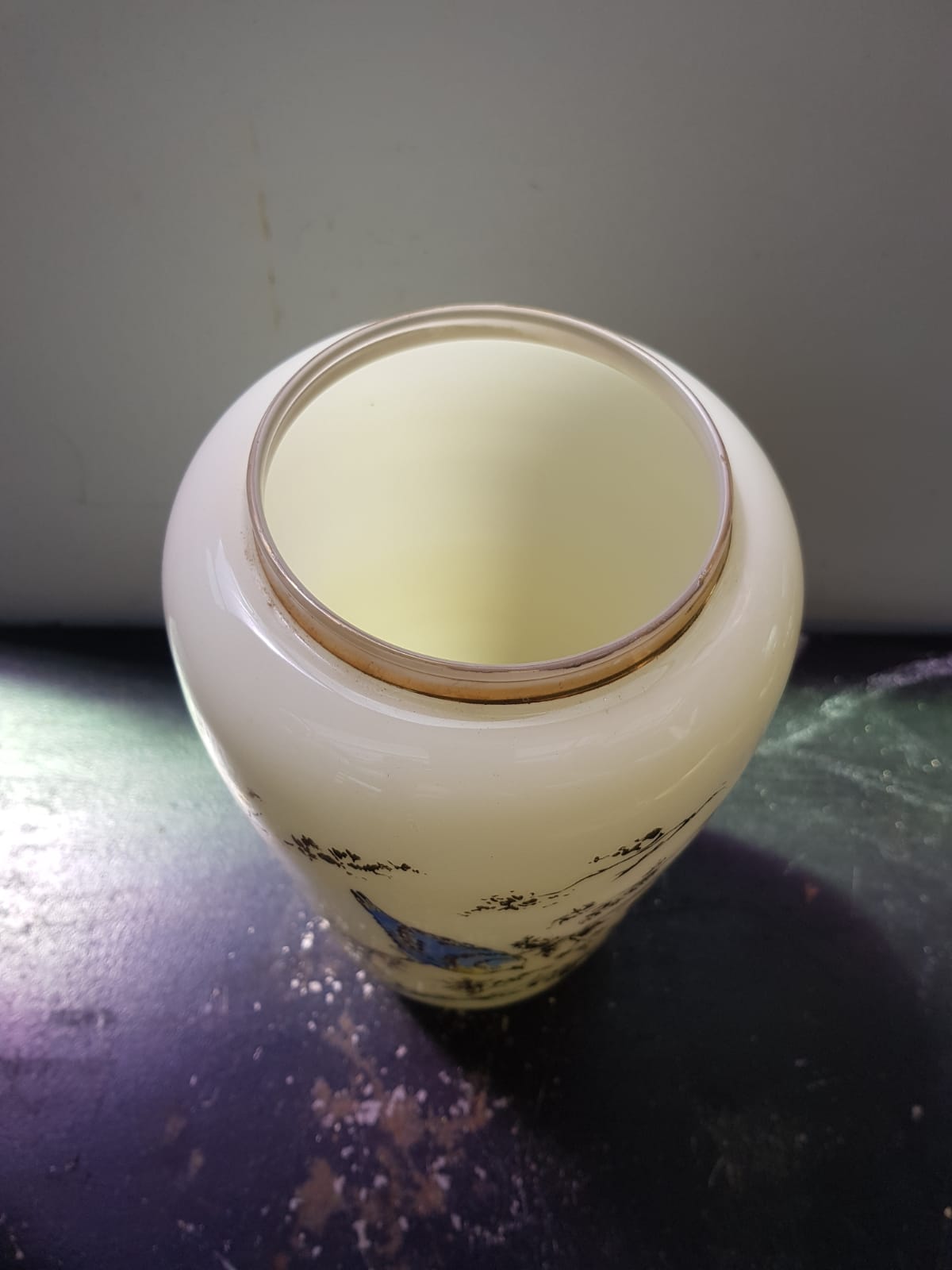 Old creamy white opaline vase with birds decor & vintage gilding