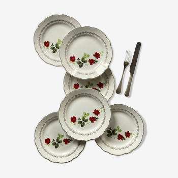 Set of 6 old flat plates made in France by Sarreguemines