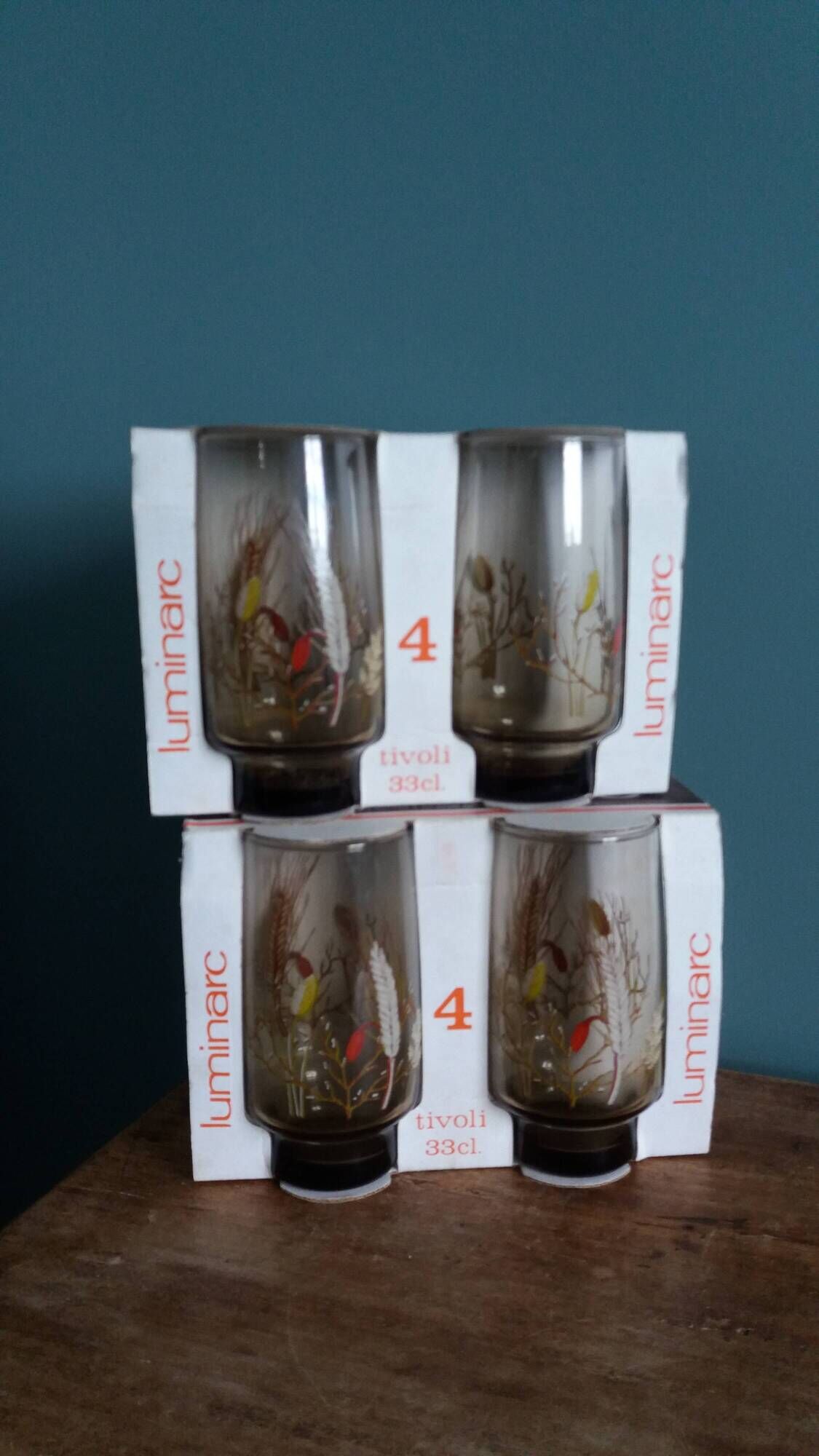 Verres Luminarc Tivoli set of 8, large amber glasses with a grass motif.