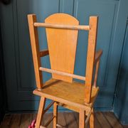 Doll high chair in wood – 1970s, foldable and on wheels