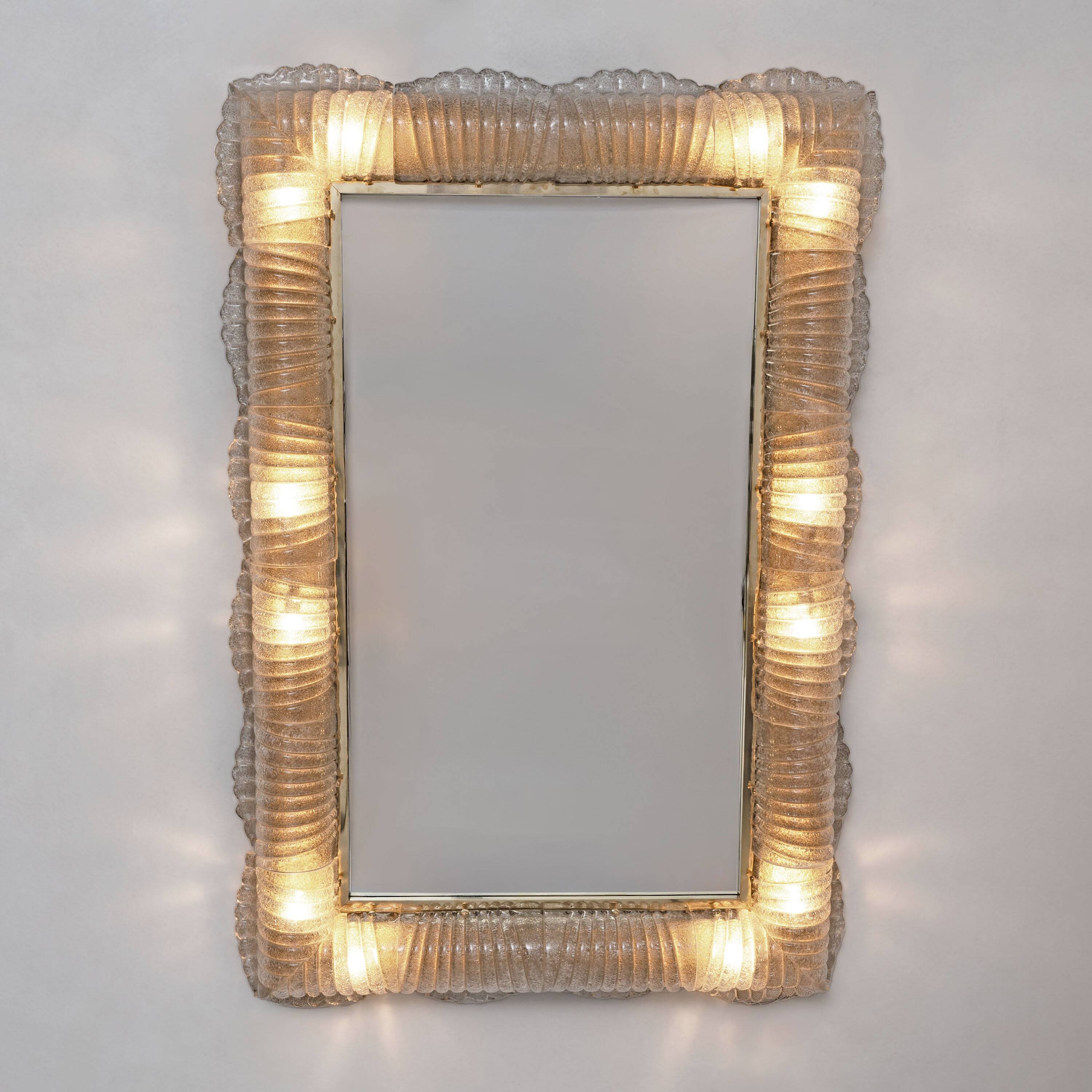 Mid-century Modern Italian Sculptural Backlit Mirror in Murano Glass Brass