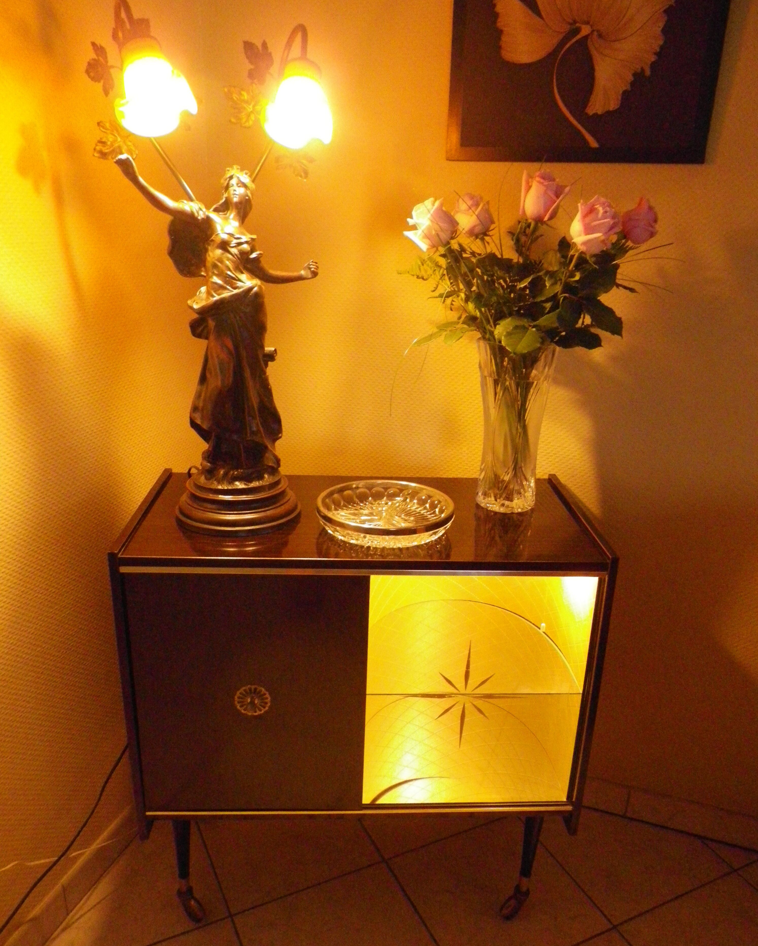 Bar furniture on formica wheels with mirror and lighting - 50s