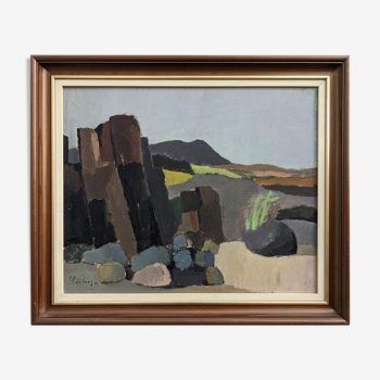 Peinture à l’huile de paysage expressionniste moderne du milieu du siècle « Nature Rocks » suédoise, encadrée 1951