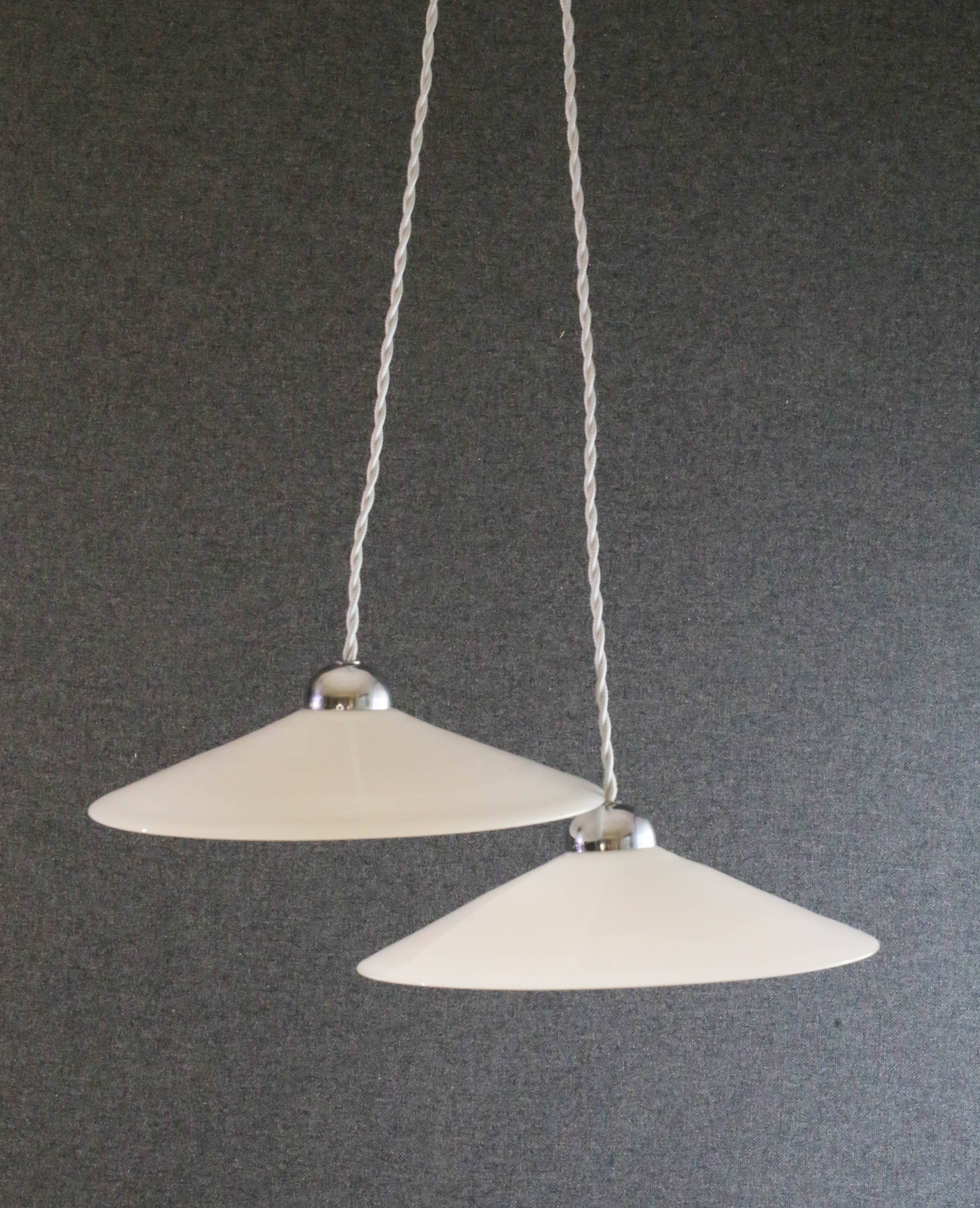 Set of 2 white opaline pendant lights with b22 socket and chrome socket cover