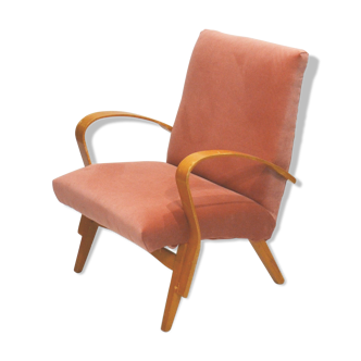 Fauteuil années 60 retapissé velours rose pêche