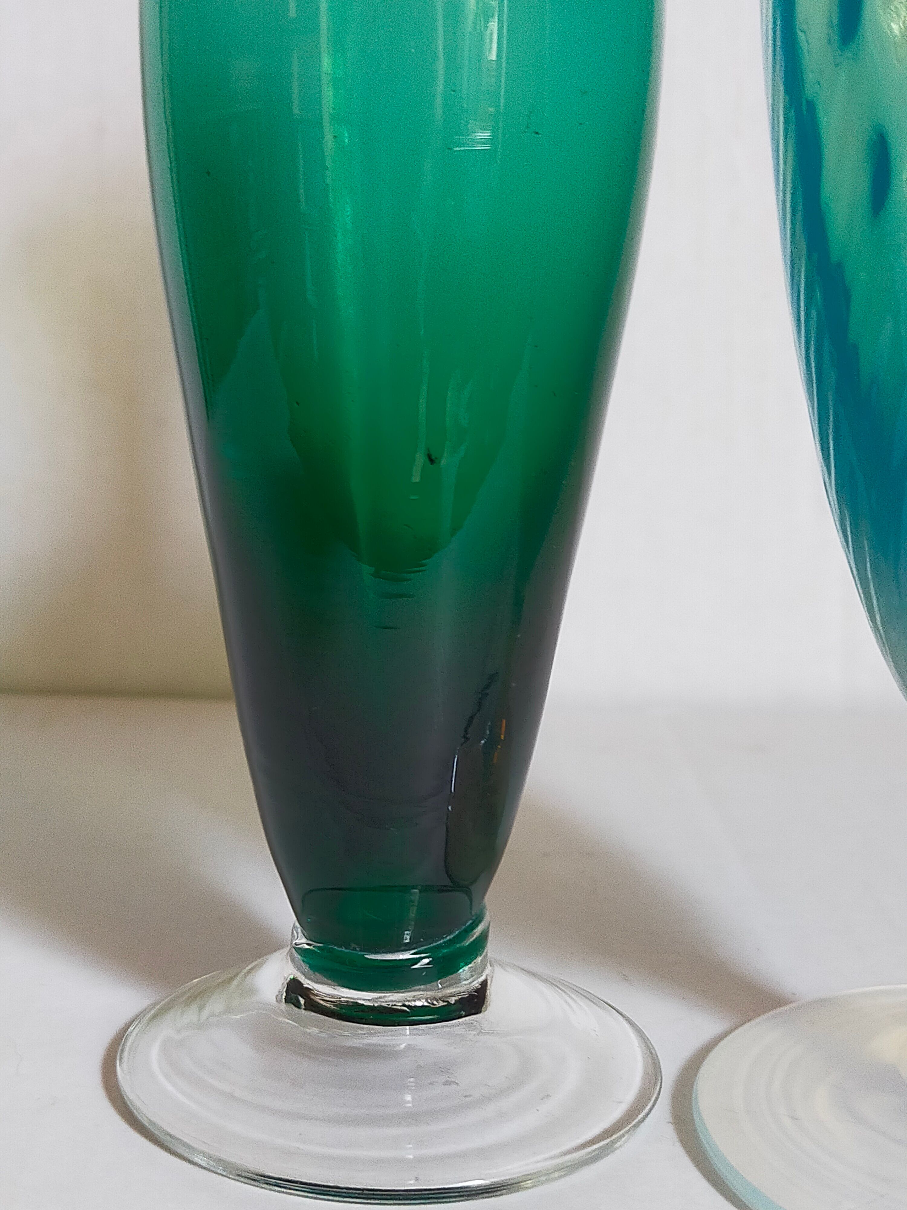 Duo of vintage blown glass soliflores vases