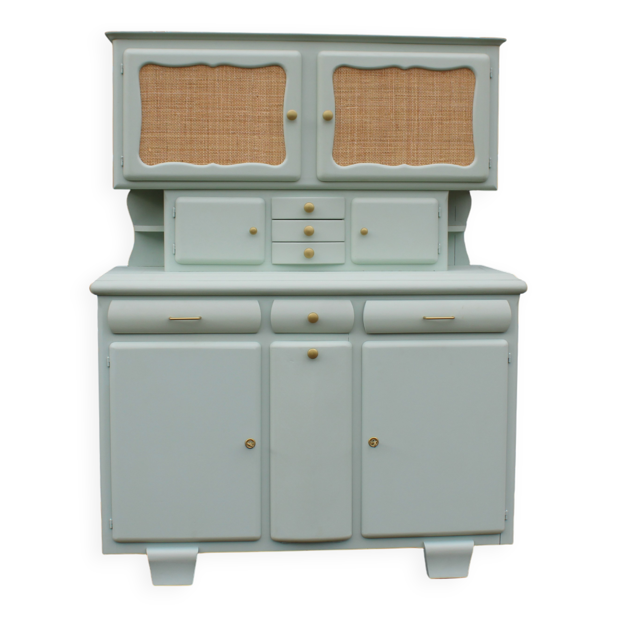 Renovated vintage Mado sideboard – Celadon green & natural cane