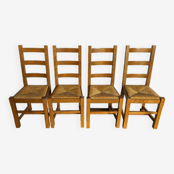 Lot de 4 chaises rustique chêne massif et assise paillée an50