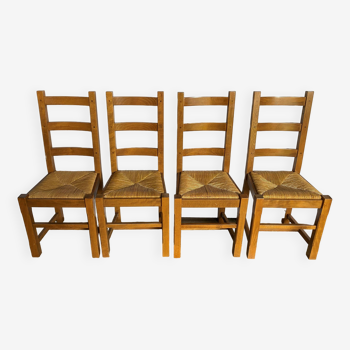 Set of 4 rustic solid oak chairs with mulched seat an50