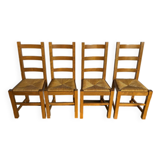 Lot de 4 chaises rustique chêne massif et assise paillée an50