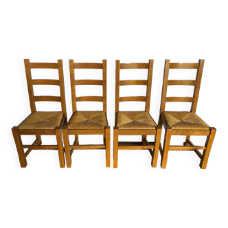 Set of 4 rustic solid oak chairs with mulched seat an50