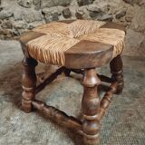 Vintage beechwood stool with straw seat – France, 1950s