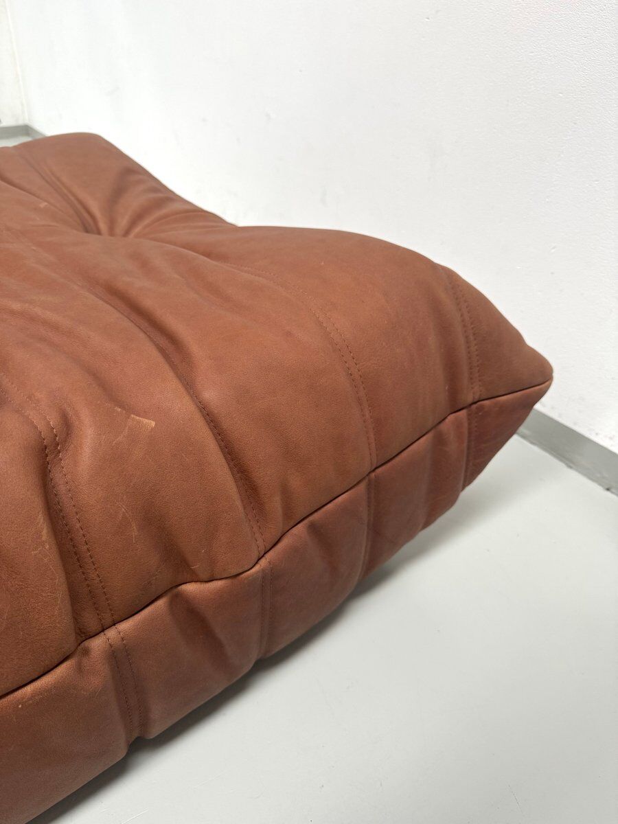 French Togo ottoman in cognac neck leather attributed to Michel Ducaroy for Ligne Roset