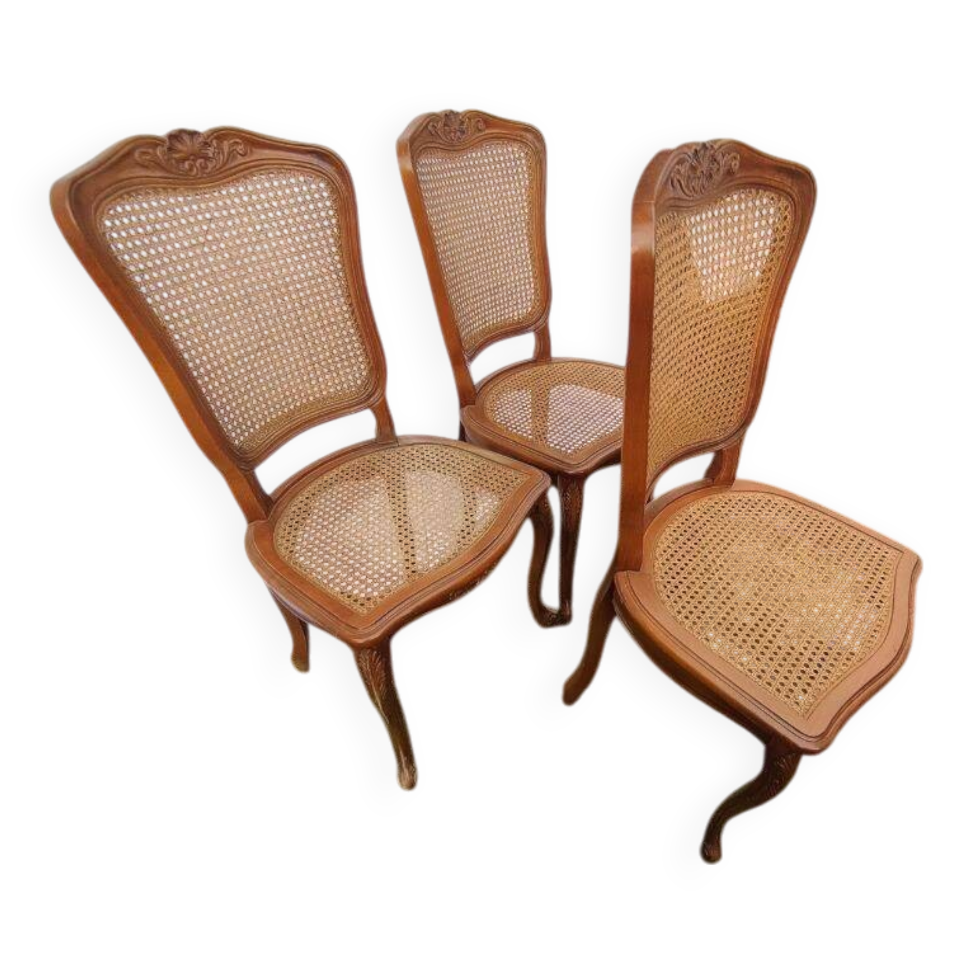 Magnificent Set of 3 Vintage Louis XV Chairs in Carved Solid Wood and Cane