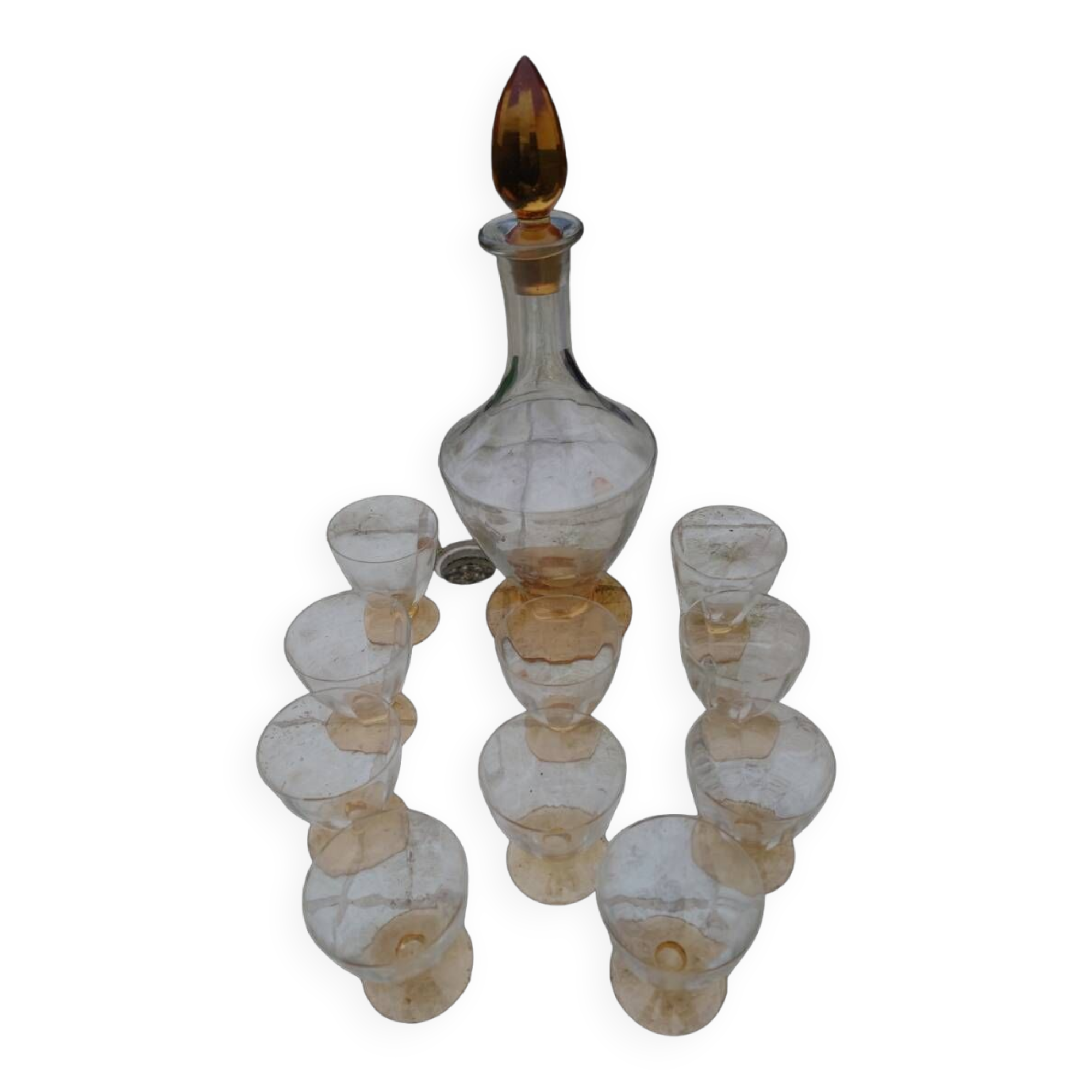 Amber liquor service 1930 glass and faceted carafe