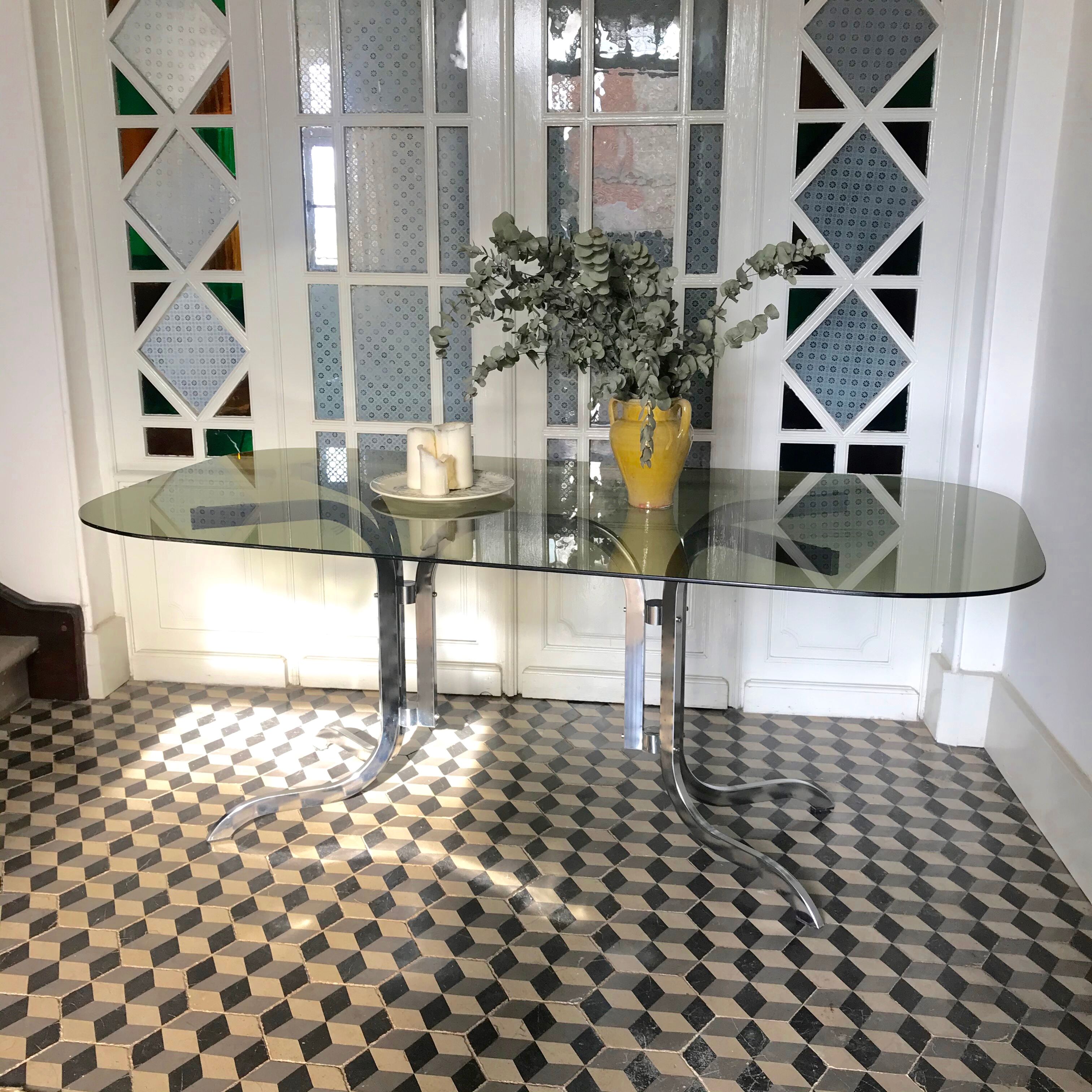 Vintage dining table in green smoked glass