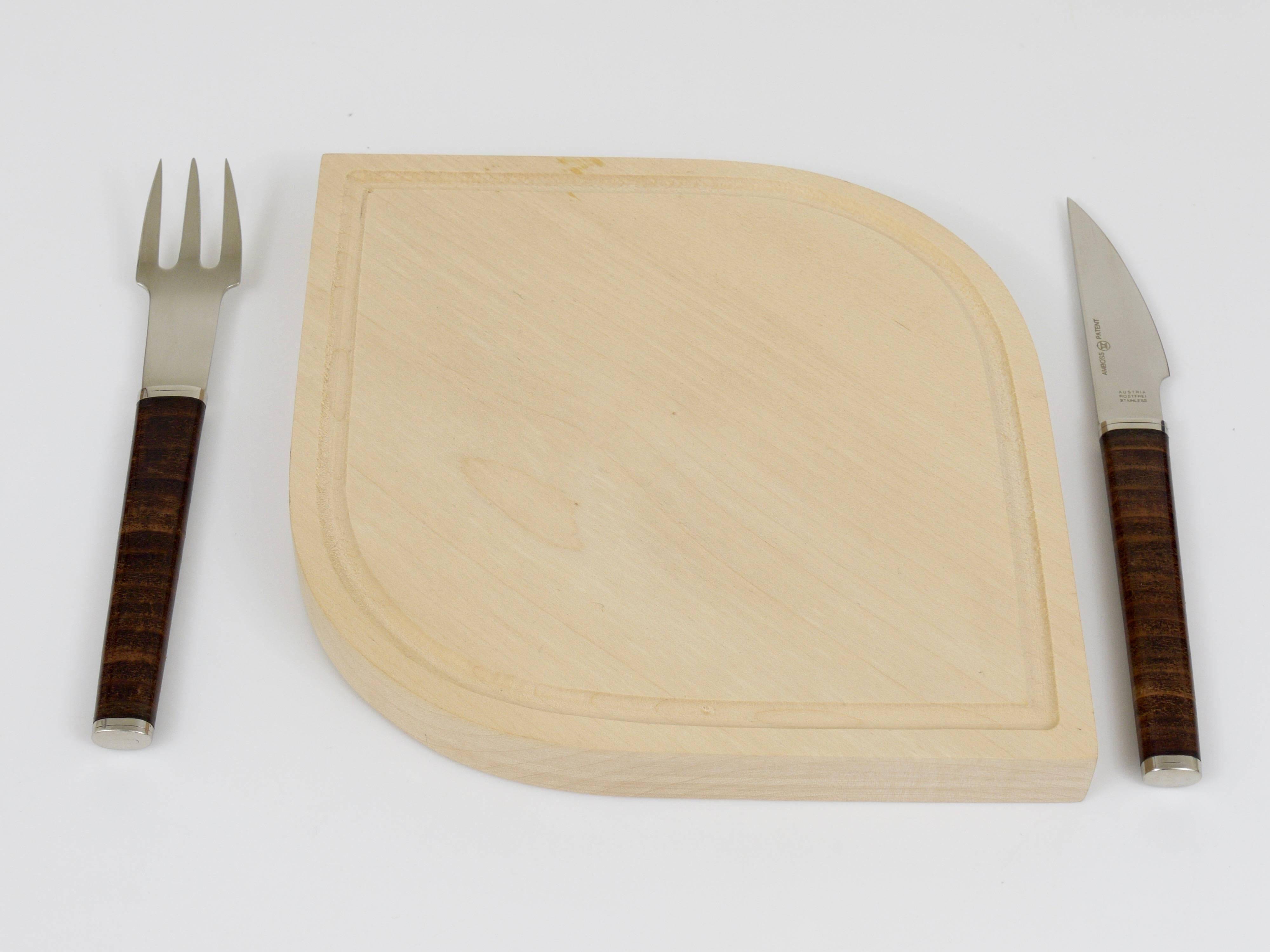 Snack set János Megyik, knife, fork and wooden board, Amboss Austria, 1970s